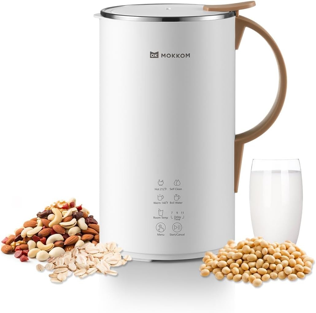 OK MOKKOM Automatic Nut Milk Maker 20 oz Soy Milk Maker, Homemade Almond, Oat, Coconut, Soy, or Plant-Based Milk Dairy Free Beverages, Almond Milk Maker with Delay Start/Boild Water/Self Clean - White